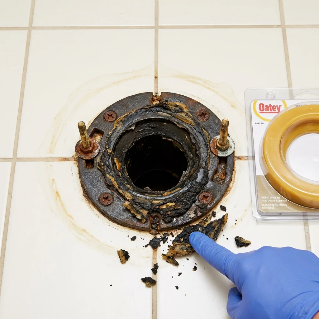 Failed wax ring showing water seepage at the base of a toilet in a Tipton, CA home
