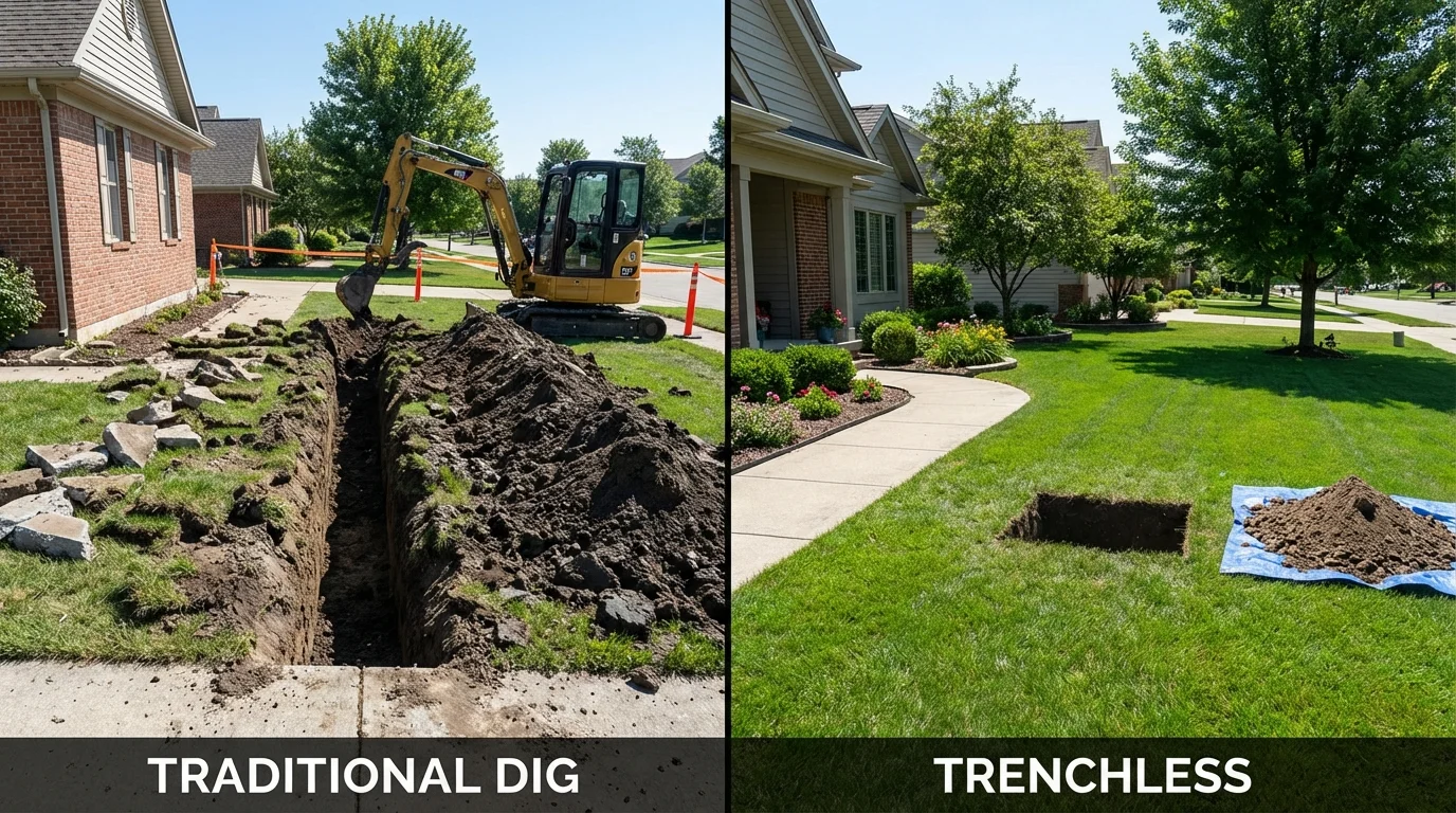 Trenchless sewer repair with minimal yard damage versus traditional excavation in Tipton, CA