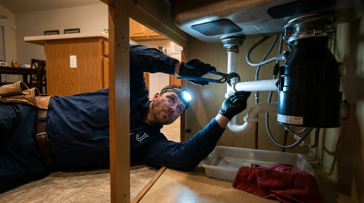 P-trap and supply line connections under a kitchen sink showing a common leak point in Tipton, CA